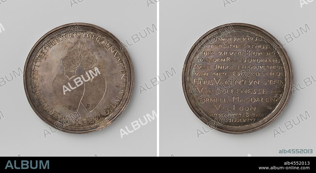 Twenty-five years of marriage of Julius Valentijn Stein of Gollenesse, council officer of India and governor of Ceylon and Cornelia Magdalena van Loon, Silver Medal. Obverse: two burning hearts within an inscription. Reverse: inscription., Sri Lanka, Julius Valentijn Stein van Gollenesse, Cornelia Magdalena van Loon, Dutch East India Company, anonymous, 1750, silver (metal), engraving, d 7 cm × w 1213 gr.