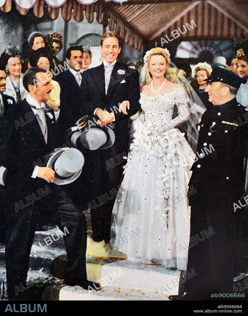 Film still from 'Maytime in Mayfair' starring Anna Neagle, Michael Wilding, Nicholas Phipps, and Thora Hird.