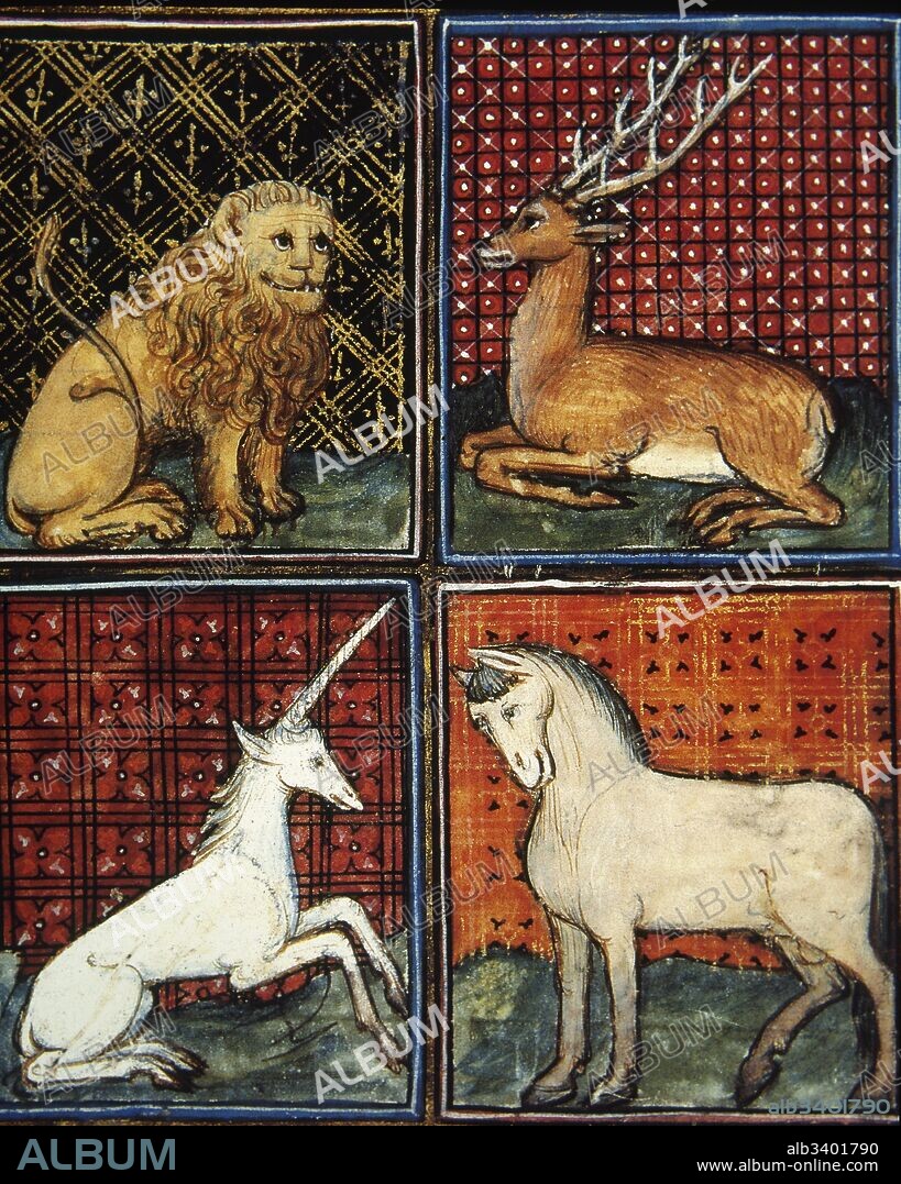 Medieval. International Gothic, France. "Livre des propietes des choses" by English priest Barthelemy l'Anglais, 13th century. Miniature, 15th century. Lion, deer, unicorn and horse. Museum Conde. Chantilly. France.