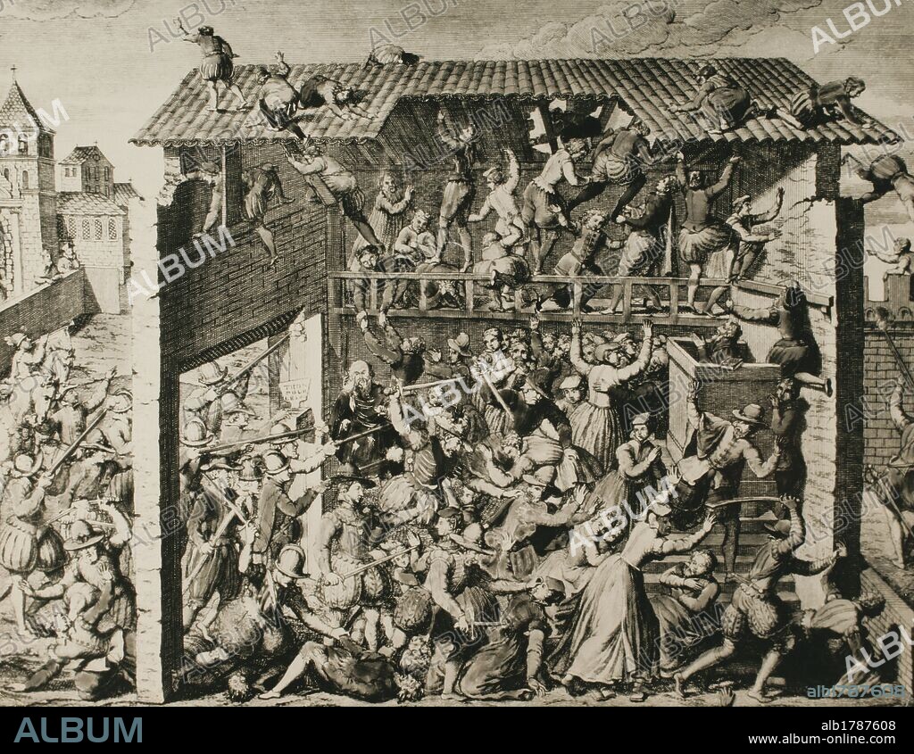 GUERRAS DE RELIGION. FRANCIA. SIGLO XVI. "MASACRE DE VASSY" (1562), llevada a cabo por los hugonotes. Representan el inicio de las Guerras de Religión en Francia. Grabado.