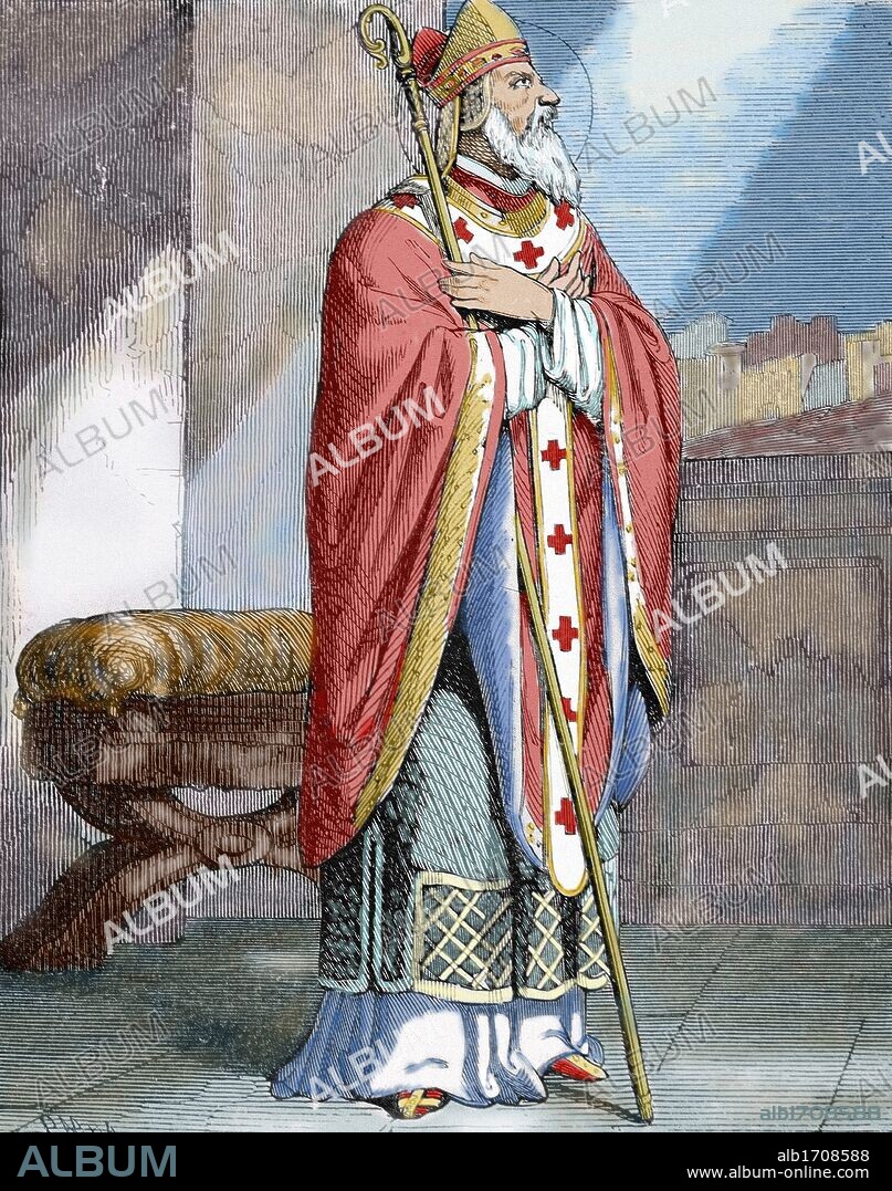 NARCISO, San (Judea,106-Judea, 213). Tercer obispo de Jerusalén. Hacia el año 195 asistió y presidió el concilio que se convocó en Palestina para decidir el día en que se debía celebrar la Pascua. Grabado realizado por Cibera en 1853. Coloreado.