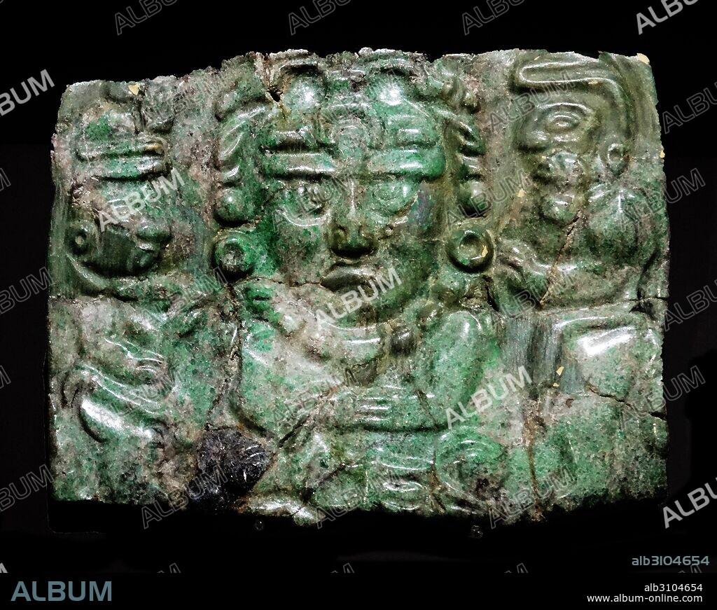Jade pectoral with a representation of the Mayan Sun God Aj K'in or K'inich Ajaw. 600-900 AD. Chichen Itza, Yucatan, Mexico.