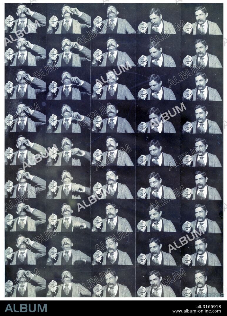 Edison kinetoscopic record of a sneeze 'Fred Ott's Sneeze'. Photographic print : gelatin printing-out paper. Photograph consists of 45 frames for a movie showing a man, Fred Ott, sneezing. It was taken by photographer William, Kennedy-Laurie (1860-1935). This photographic print is the earliest surviving 'motion picture' registered for copyright on January 9th, 1894. Colloquially known as 'Fred Ott's sneeze, for its star (an Edison engineer), the photo represents the dawn of filmmaking in America while remaining something of an historical accident.
