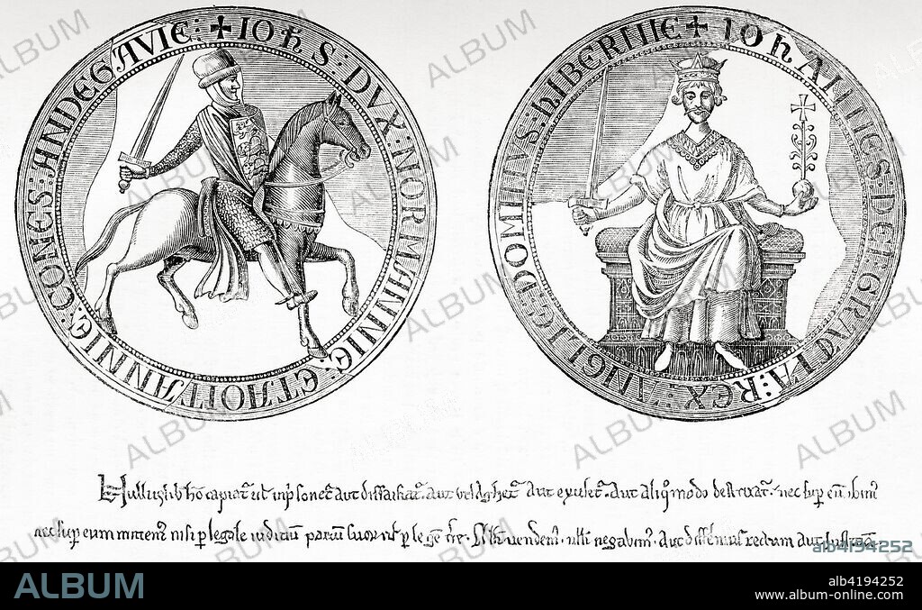 The seal of King John to the agreement with the barons, the Magna Carta peace treaty, 1215. John, 1166 -  1216, aka John Lackland.  King of England.  From Old England: A Pictorial Museum, published 1847.