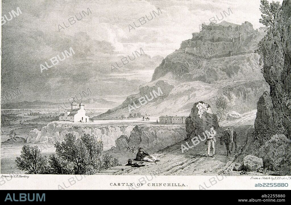 ALBACETE. CHINCHILLA. VISTA DEL CASTILLO. GRABADO DE J. D. HARDING , AÑO 1823.