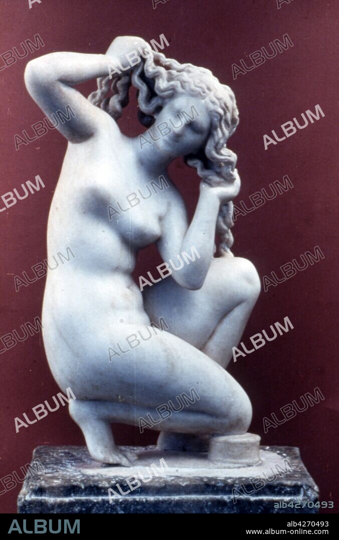 statue of Aphrodite bathing, known as the Rhodes Venus. A later remodelling of a statue type of the 3rd century BCE, whose creation was attributed to the sculptor Doidalses. The Rhodian work is an eloquent example of the decorative disposition in 1st century BCE aesthetics. Little sculptures such as this adorned the interiors of wealthy residences. marble.