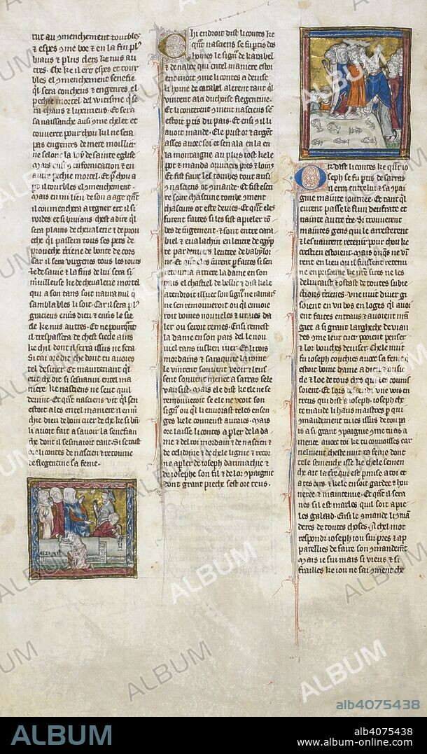 Miniature of the Duchess Flagentine supervising the building of the 'Judgement Tombs'; miniature of Joseph of Arimathea laying down his shirt on the water for 150 people who are pure of heart to cross the sea. 'L'Estoire del Saint Graal'. France (Picardy?); early 14th century (1300-1315?). Source: Royal 14 E. III, f.66v. Language: French.