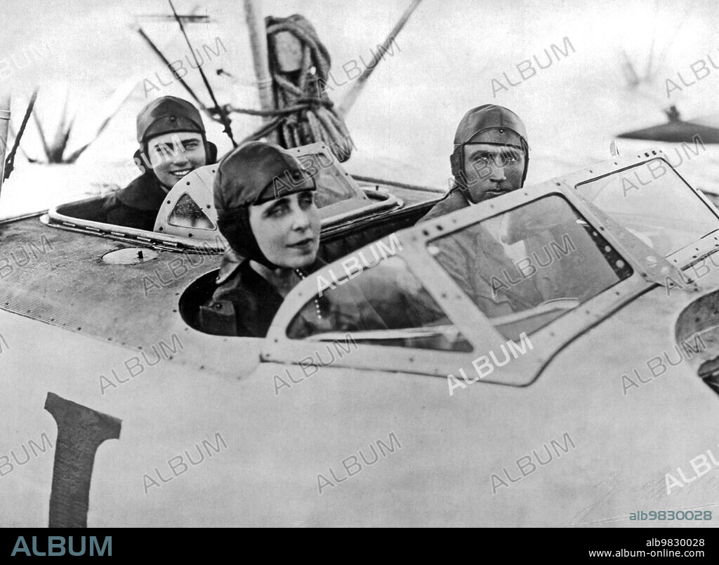 Constanta, Romania circa 1929, Queen Marie of Romania with her daughter, Ileana, in a modern seaplane to inaugurate passenger airline service between Constanta and Balchik on the Black Sea.The royal pair have been instrumental in advancing aviation in their country.