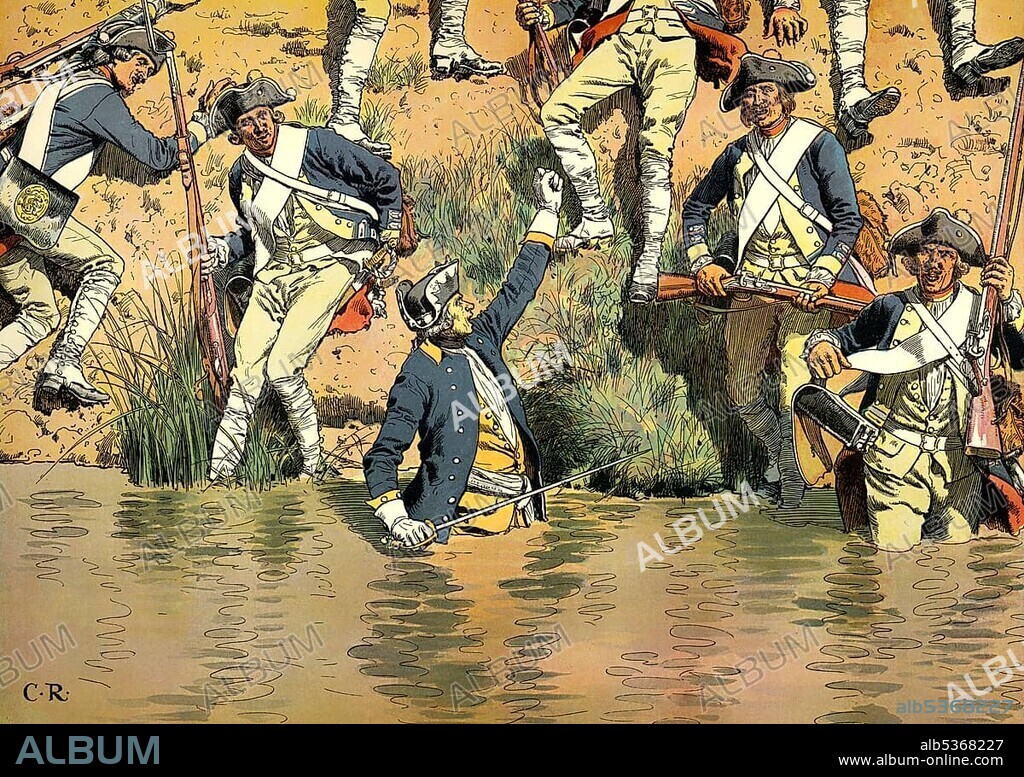 Prince Friedrich Ludwig Heinrich of Prussia, 1726 - 1802, with soldiers before the Battle of Prague on 6 May 1757 during the Seven Years' War, historical painting from the 19th century