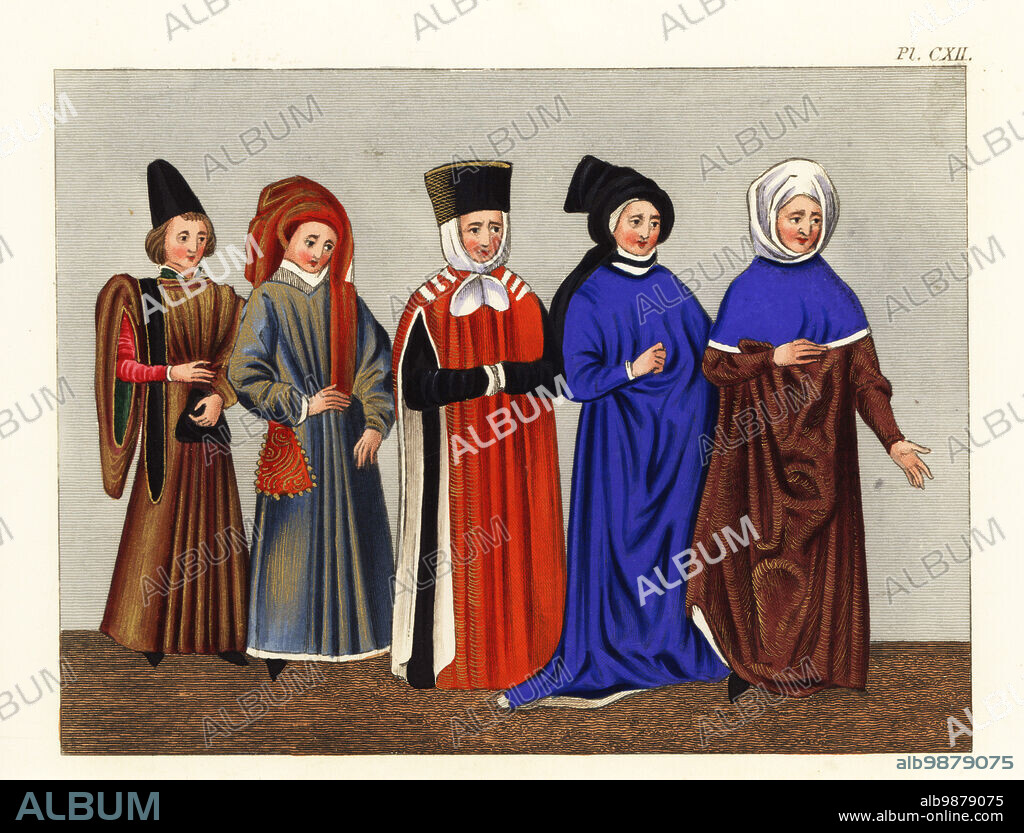 Costumes of state officers of the 15th century. They wear headdresses with drapery, rich velvet mantles and robes with slit sleeves. Taken from the manuscript of Jean Froissart's Chronicles, 1470-72, Harley MS 4379. Handcoloured engraving by Joseph Strutt from his Complete View of the Dress and Habits of the People of England, Henry Bohn, London, 1842.