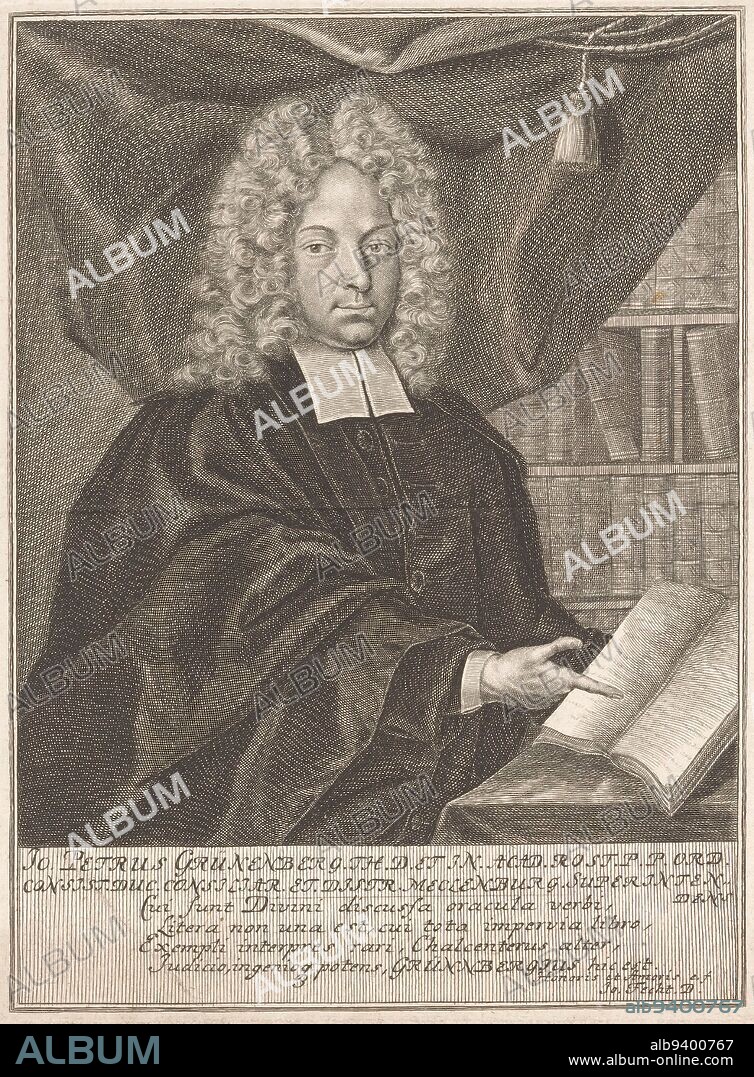 Portrait of Johann Peter Grünenberg, Martin Bernigeroth, 1698 - 1733, print maker: Martin Bernigeroth, print maker: anonymous, Johann Fecht, (mentioned on object), 1698 - 1733, paper, engraving, h 214 mm - w 164 mm.