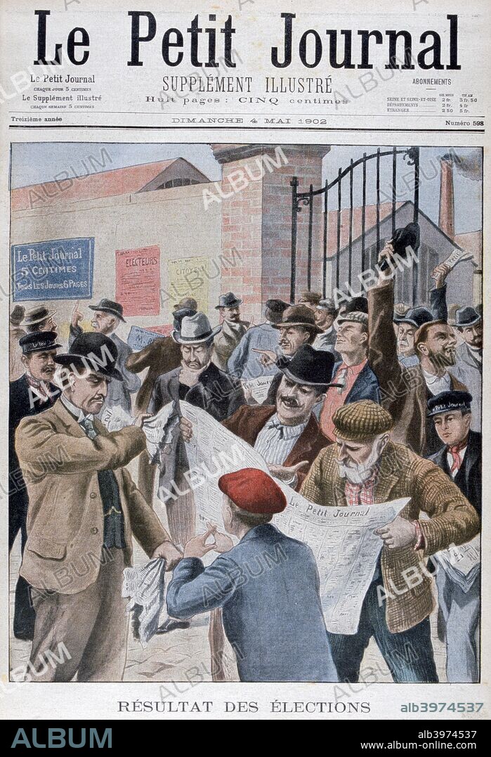 Reading election results in the ewspaper, Paris, 1902. An illustration from Le Petit Journal, 4th May 1902.