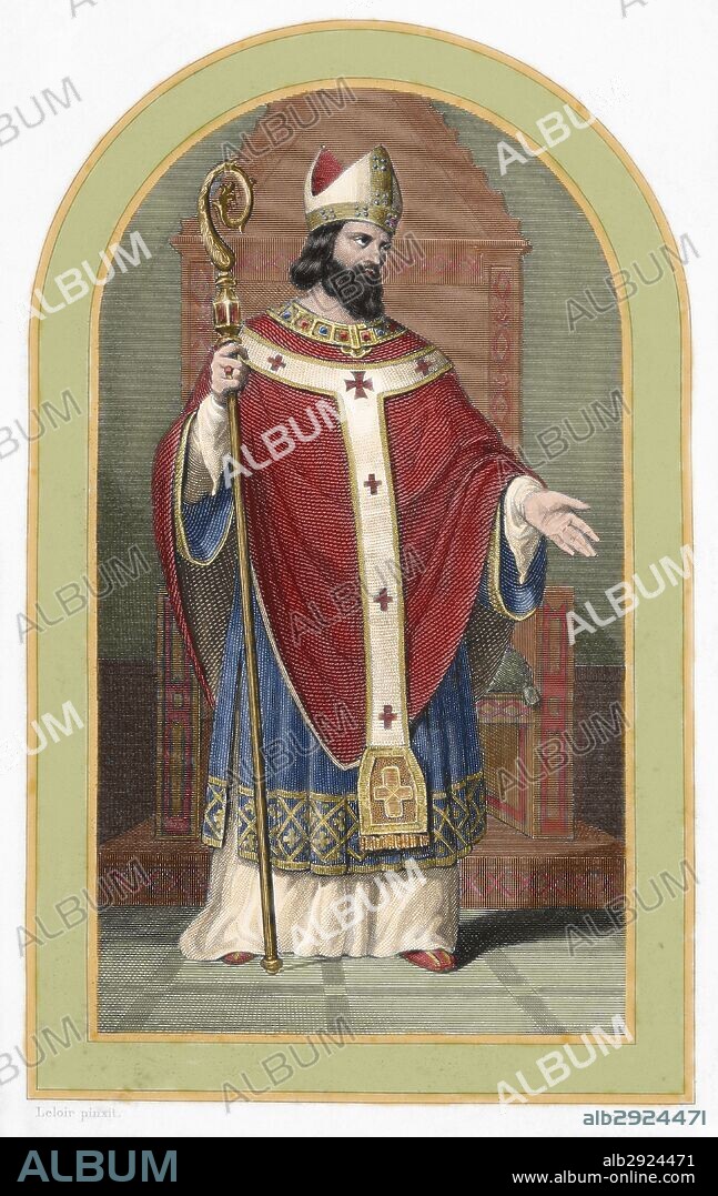 SAN DIONISIO (siglo III). Mártir y primer obispo de París. Grabado del siglo XIX. Coloreado.