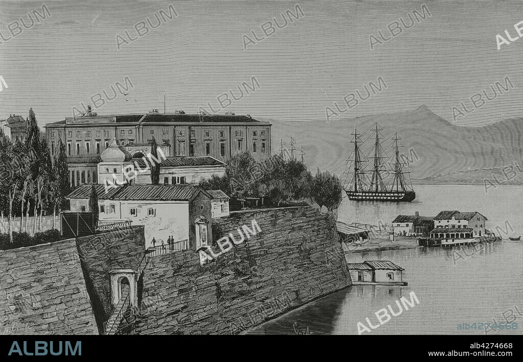 A. DE CAULA. 19TH CENTURY SPANISH ARTIST. TOMAS CARLOS CAPUZ (1834-1899). SPANISH ENGRAVER.. Greece. Corfu island. View of the Palace of the English Governors (Mon Repos Palace) in Corfu Town. It was built in 1826 by the British Commissioner Frederic Adams. The palace became the summer residence of all British governors of Corfu. Drawing by A. de Caula. Engraving by Tomás Carlos Capuz. La Ilustración Española y Americana, 1882.