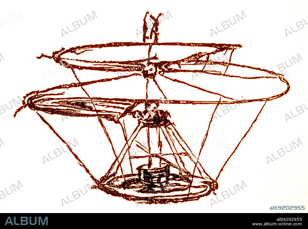 A sketch by Leonardo da Vinci of a flying machine known as the "helical air screw" or the "airscrew". It was designed to compress air to obtain flight, similar to modern helicopters.