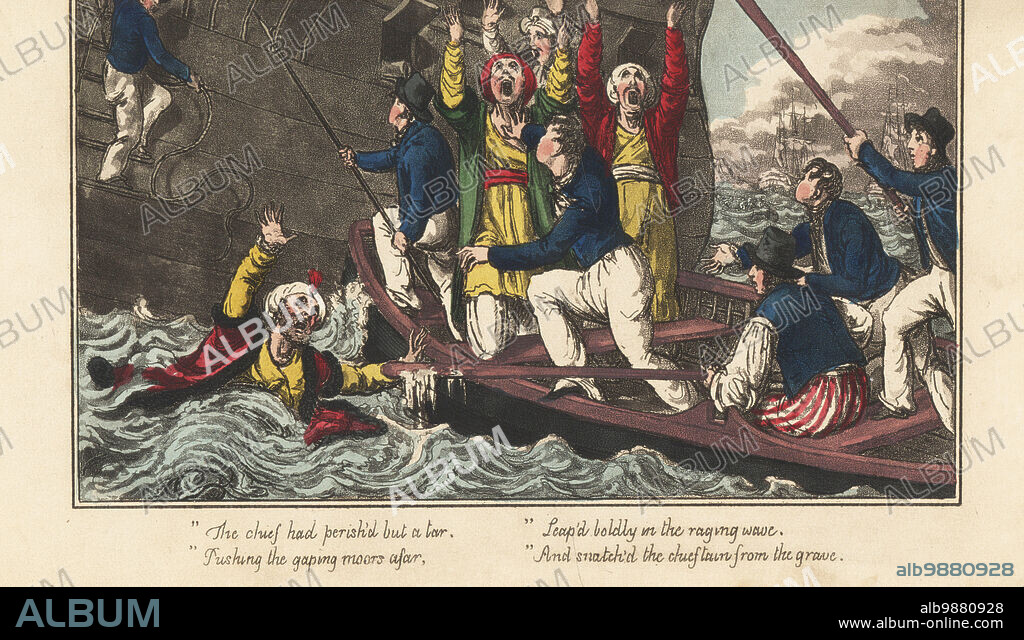 An English sailor extends an oar to save a drowning Arab chief, Regency era. While other Moors pray to Allah to save him. Royal Navy matelots use oars and pikes to bring a rowboat near a man-of-war. Handcoloured copperplate engraving by Charles Williams from The Post Captain, or Adventures of a True British Tar by a Naval Officer, J. Johnston, London, 1817. Attributed to Alfred Thornton or John Mitford.