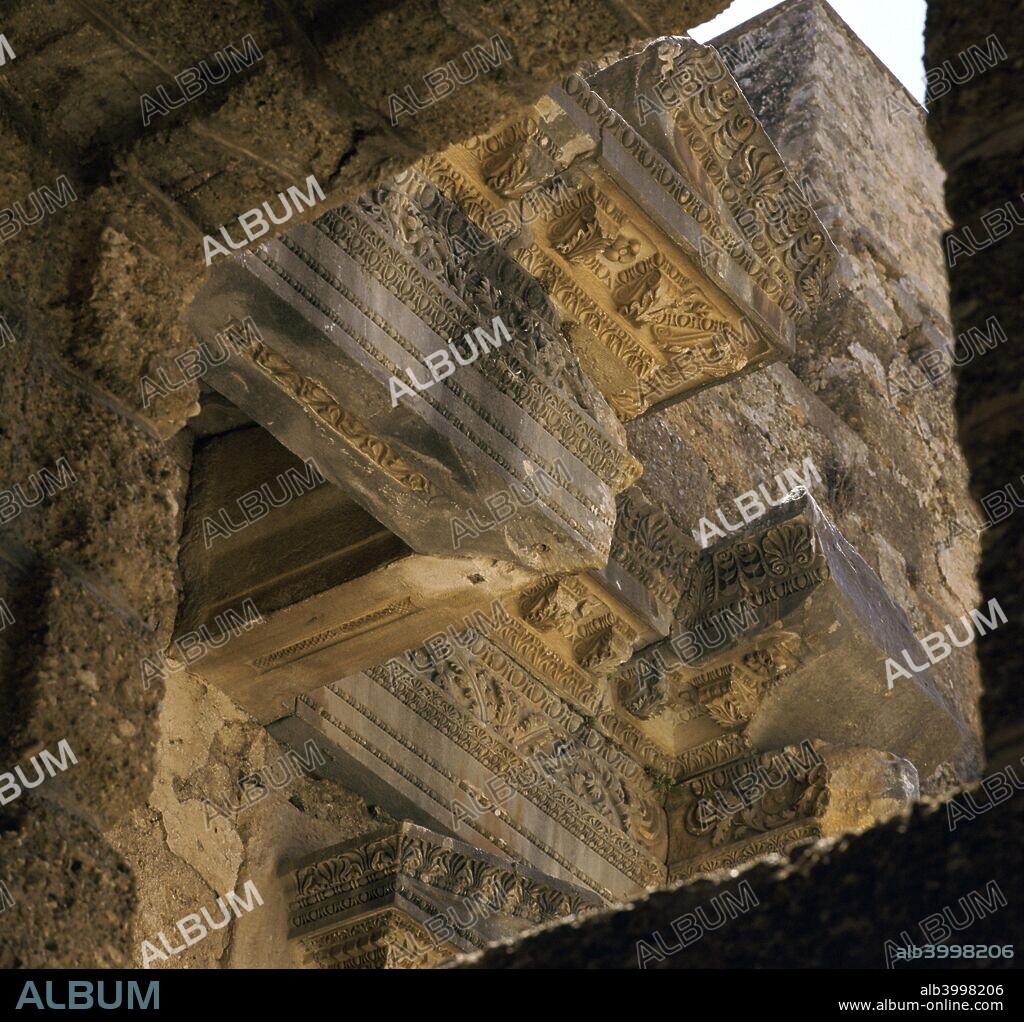 Detail of the stonework on the facade of the stage of the theatre in Aspendos, Turkey, 2nd century.