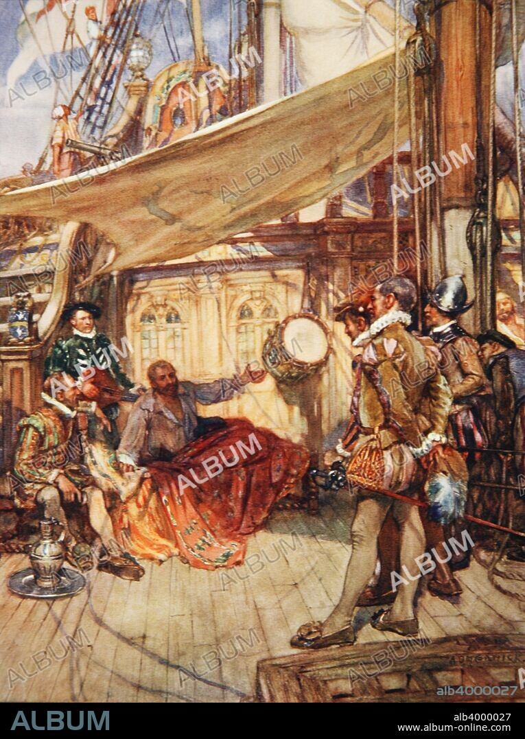 Drake's Drum - 'Take my drum to England, hang it by the shore. Strike it when your powder's running low. Illustration from 'Drake's Drum and Other Songs of the Sea' by Henry Newbolt (1862-1938) pub. 1905 (colour litho). Drake?s Drum is a snare drum that Sir Francis Drake (c. 1540 - 1596) took with him when he circumnavigated the world. Shortly before his death off Panama he ordered the drum to be taken to Buckland Abbey and vowed that if England were ever in danger and someone was to beat the drum he would return to defend the country. Legend claims it can be heard in times of national crisis.