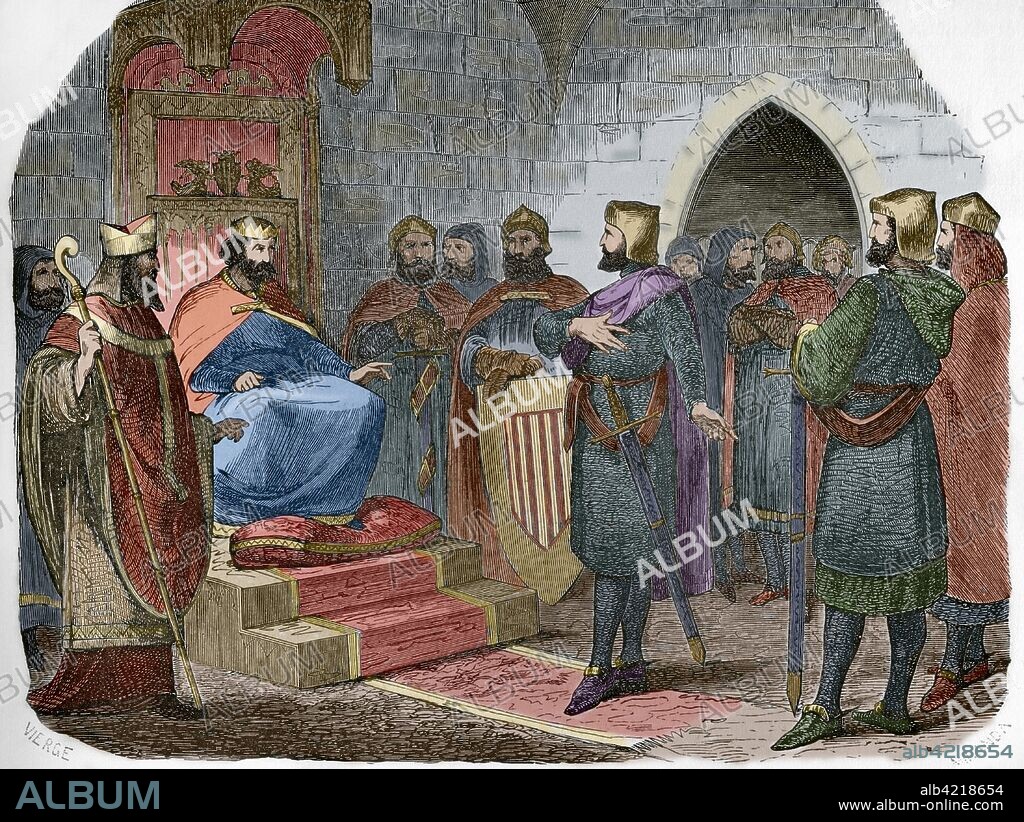 Ramón Folc (Folch) VI de Cardona (1259-1320). Vizconde de Cardona y Gobernador de Gerona en el Consejo de Gerona presidida por el rey de Aragón Pedro III el Grande (1240-1285). Dibujo por Daniel Vierge. Grabado coloreado. Crónica General de España, Historia Ilustrada y Descriptiva de sus Provincias. Cataluña, 1866.