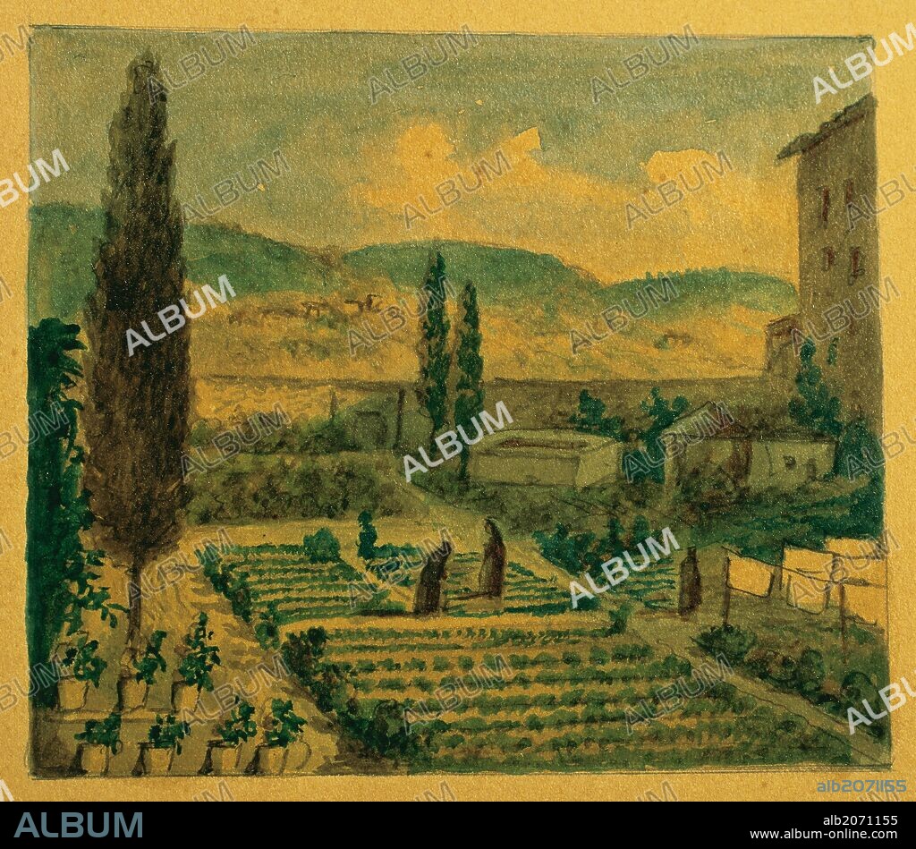 CIUDAD DE BARCELONA. "MONASTERIO DE PEDRALBES. HUERTO DE LAS MONJAS". Grabado de la primera mitad del siglo XIX. Dibujo de G. Mosteyrin. Museo de Historia de la Ciudad. Barcelona. Cataluña.