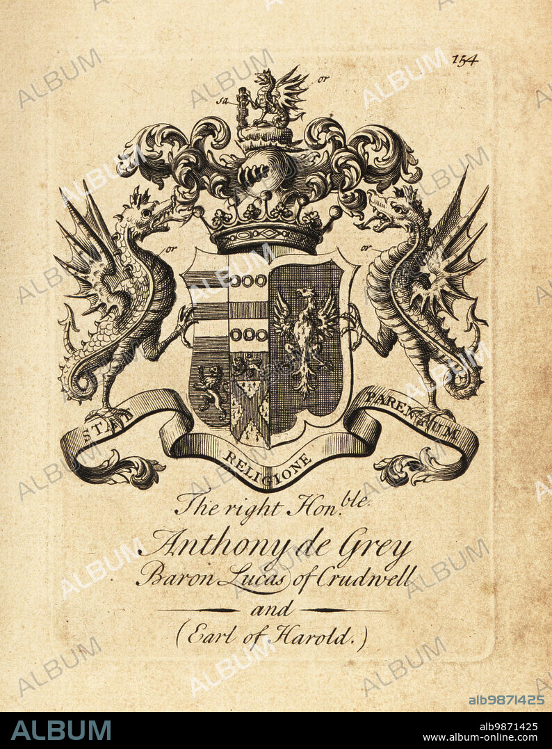 Coat of arms of the Right Honourable Anthony de Grey, 3rd Baron Lucas of Crudwell and Earl of Harold, 1695-1723. Copperplate engraving by Andrew Johnston after C. Gardiner from Notitia Anglicana, Shewing the Achievements of all the English Nobility, Andrew Johnson, the Strand, London, 1724.