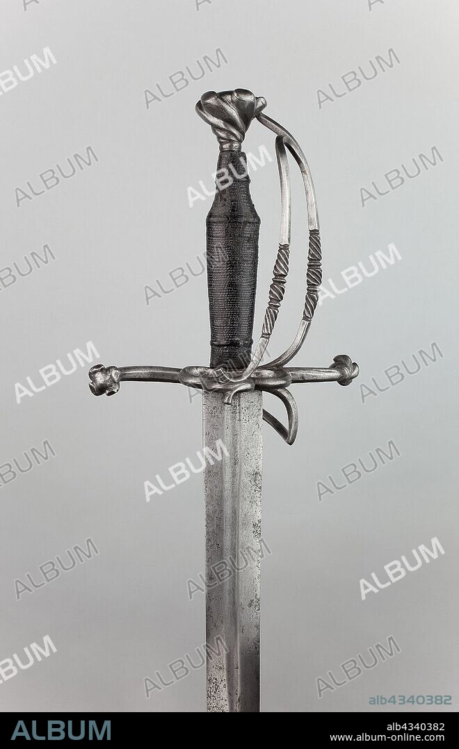 Hand-and-a-Half Sword, Hilt: 19th century in mid–16th century Swiss style, Blade: mid–16th century, Hilt: 19th century in mid-16th century Swiss style, Blade: German, Switzerland, Steel and leather, Overall L. 113.7 cm (44 3/4 in. ).