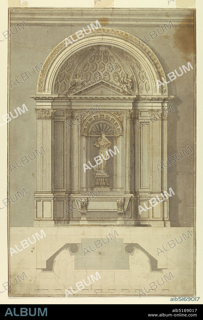 Design for an altar for St. Anthony of Padua, Andrea Pozzo, Italian, 16421709, Pencil, pen and ink, brush, gray watercolor on paper, Above is the elevation with parts of the adjoining walls and of the entablature shown; below is the plan. Disposed in half of an ovoidal niche. The mensa has the shape of an angular sarcophagus which is supported by two legs with cherubim in front of their upper parts. The figure of the Saint with the Christ child stands upon a pedestal in an angular niche; flanked by two fluted and embedded columns. Two women sit upon the triangular pediment, the left one probably with a burning heart, the right one carrying a twig. The conch is coffered. Below is the scale: 'Scala di Palmi venti Romani.' Framing line and stripe. Written in ink in lower left corner: 'Padre Pozzo lo fece.', Europe, 16851700, architecture, interiors, Drawing, Drawing.