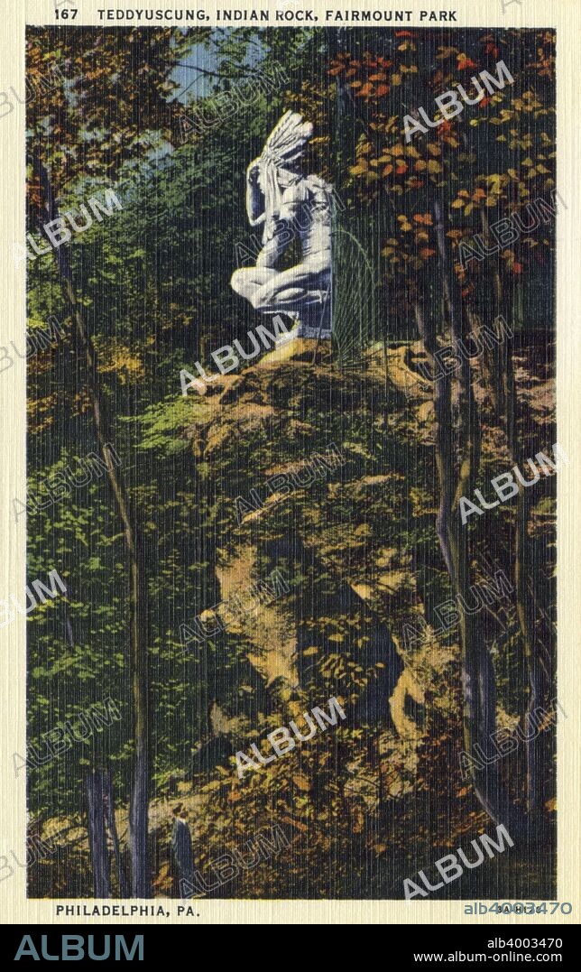 Teedyuscung, Indian Rock, Fairmount Park, Philadelphia, Pennsylvania, USA, 1933. Vintage linen postcard showing the marble statue of Teddyuscung. Known as the 'King of the Delawares', Teedyuscung (c1700-1763) was a leader of the Lenape Native American people in Pennsylvania. He was murdered by arsonists who burned down his cabin while he was asleep inside.