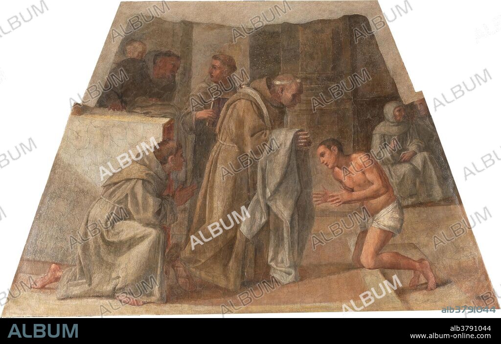 Annibale Carracci / 'San Diego de Alcalá recibe el hábito franciscano'. 1604 - 1607. Pintura al fresco sobre revestimiento mural trasladado a lienzo, 125 x 220 cm.