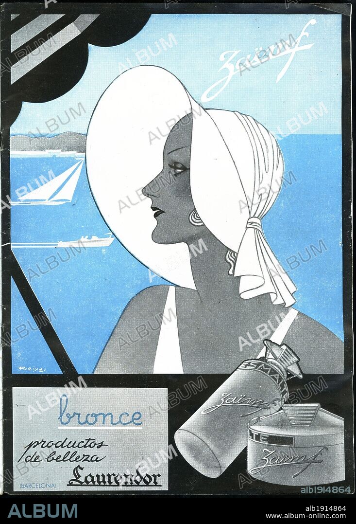 Anuncio publicitario de productos de belleza Laurendor. Dibujo de Freixas. Junio 1939.