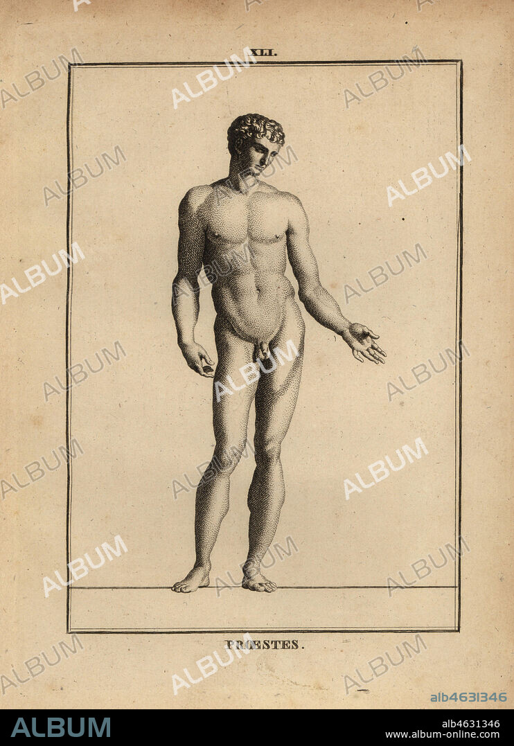Statue of Orestes, naked, son of Agamemnon in Greek mythology. Copperplate engraving by Francois-Anne David from Museum de Florence, ou Collection des Pierres Gravees, Statues, Medailles, Chez F.A. David, Paris, 1787. David (1741-1824) drew and engraved the illustrations based on Roman statues, engraved stones and medals in the collection of the Museum de Florence and the cabinet of curiosities of the Grand Duke of Tuscany.