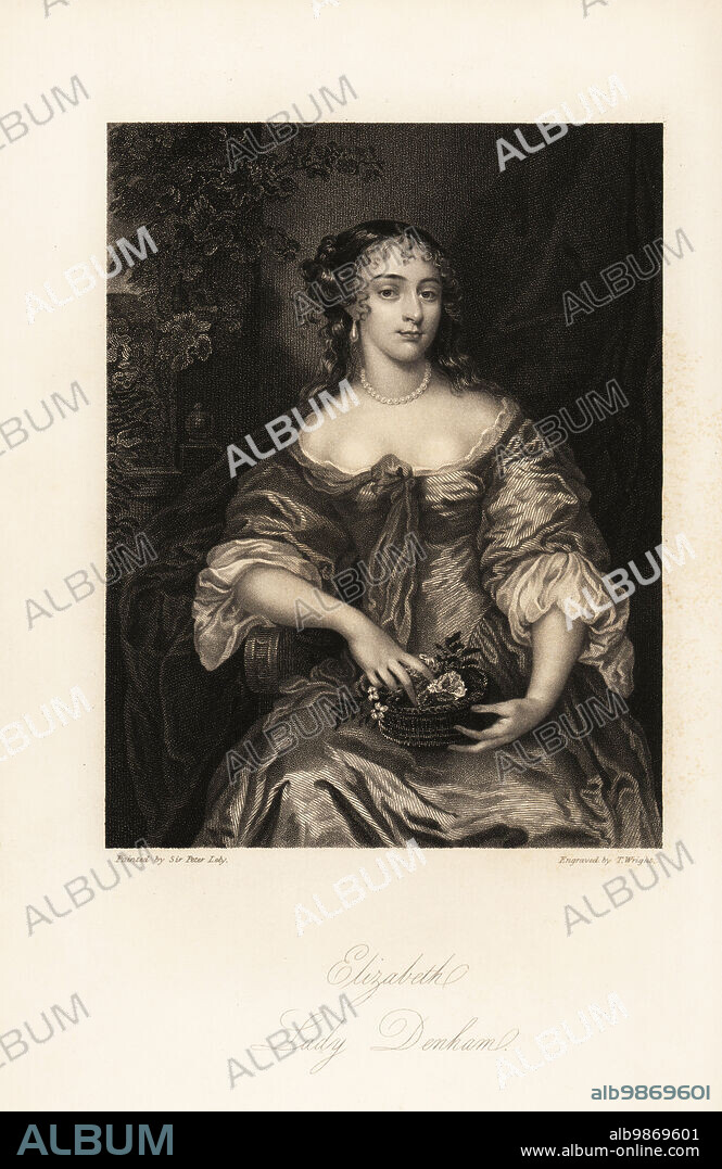 Elizabeth or Margaret, Lady Denham, wife of Sir John Denham, daughter of Sir William Brooke, mistress of the Duke of York, one of the Beauties of Windsor, 1647-1667. Steel engraving by Thomas Wright after a portrait by Sir Peter Lely from Mrs Anna Jamesons Memoirs of the Beauties of the Court of King Charles the Second, Henry Coburn, London, 1838.