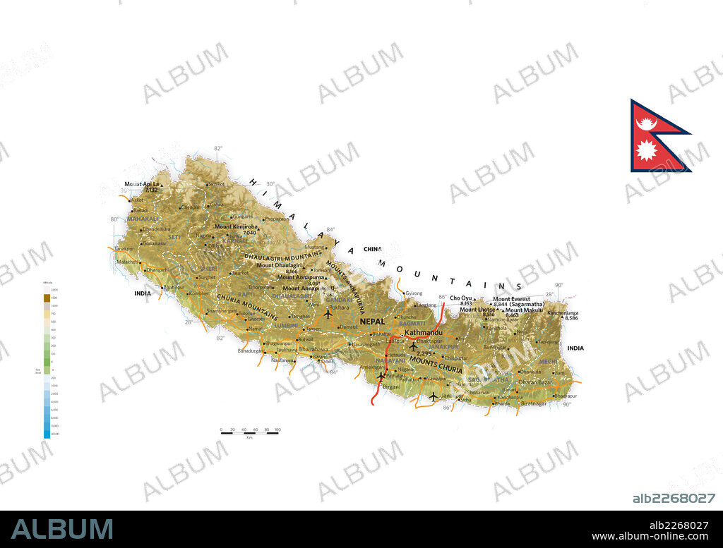NEPAL. Mapa físico y político de Nepal.