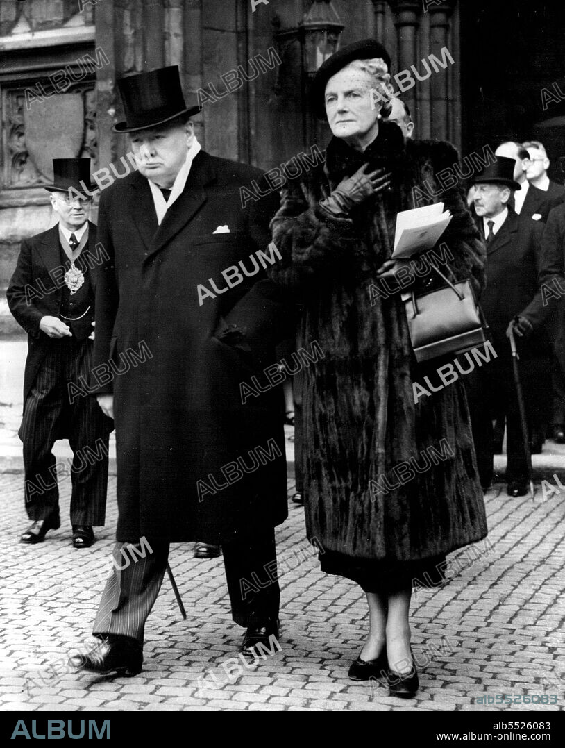Churchill In Sombre Mood - A Sombre Mr. Winston Churchill, accompanied by Mrs. Churchill, leaves Westminster Abbey, London, to-day (Tuesday) after attending the Memorial Service for General Jan Smuts, one-time foe and later close ally. September 26, 1950. (Photo by Reuterphoto).