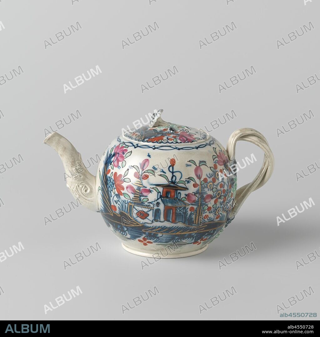 Teapot of hard-fired earthenware, Leeds creamware, spherical teapot made of hard-fired earthenware, with a blue decoration under the glaze and a multicolored decoration on the glaze. The decoration looks Japanese and consists of a landscape with stylized trees, plants and houses. The pot has an S-shaped spout and a braided C-shaped ear., Green creamware, Leeds, c. 1770 - c. 1790, earthenware, h 9.5 cm × d 11.2 cm × w 18.2 cm d 7 cm.