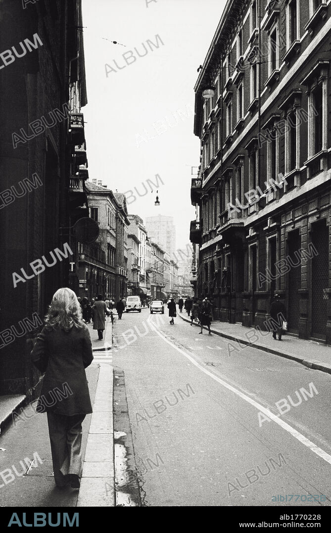 Via Montenapoleone in Milan. People walking in Via Montenapoleone in Milan. Milan, 1973.