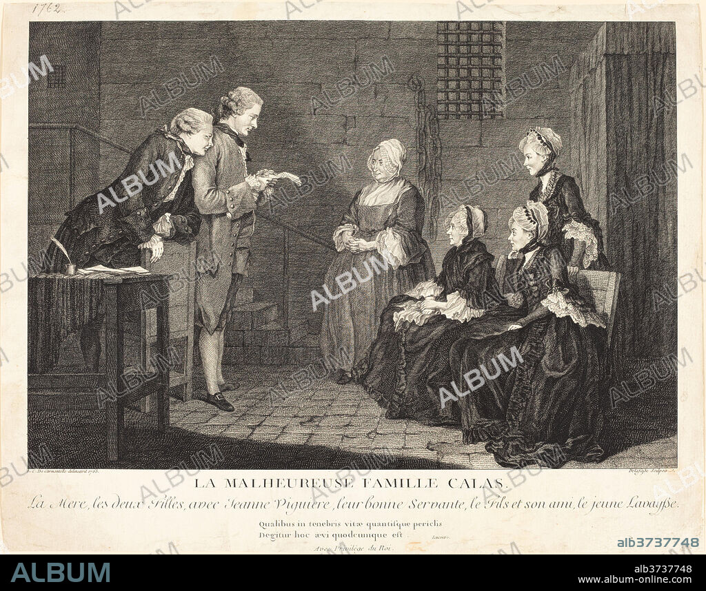JEAN-BAPTISTE DELAFOSSE AFTER CARMONTELLE. La malheureuse famille Calas  (The Unfortunate Calas Family). Dated: c. 1765. Dimensions: sheet (trimmed within plate mark): 36 x 45.8 cm (14 3/16 x 18 1/16 in.). Medium: engraving on laid paper.