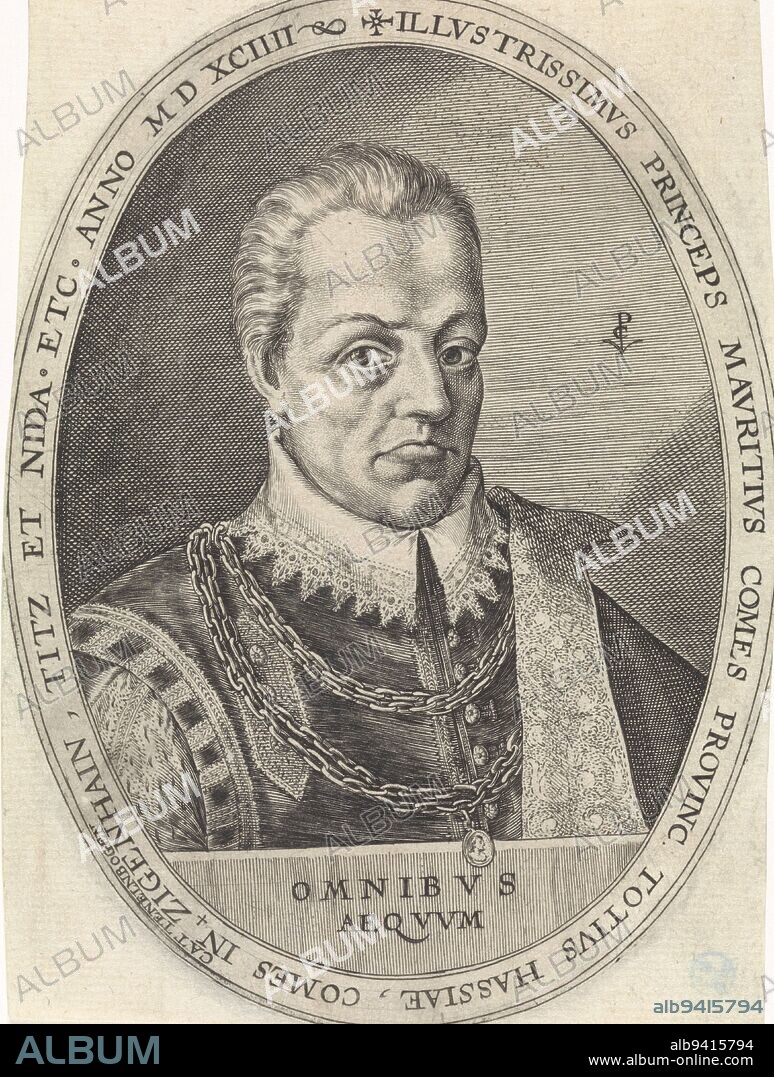 Portrait of the Landgrave Maurice of Hesse-Kassel, below it his motto in Latin. In the border of the frame the name and function of the person portrayed in Latin, Portrait of Maurice of Hesse-Kassel, print maker: Crispijn van de Passe (I), (mentioned on object), Cologne, 1594, paper, engraving, h 150 mm × w 110 mm.