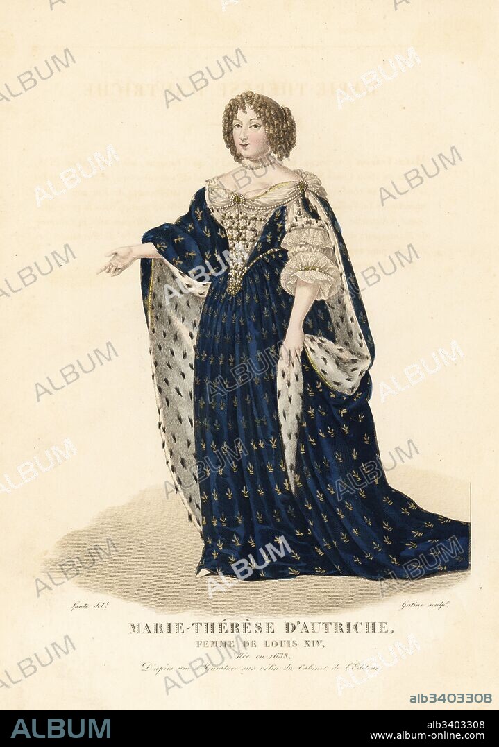 Maria Theresa of Spain, Queen of France, wife of King Louis XIV of France, 1638-1683. She wears her hair in ringlets, a pearl choker, a dress in blue velvet decorated with fleurs de lys and lined with ermine, lace sleeves, quilted bodice decorated with pearls. After a miniature in the editor's collection. Handcoloured copperplate engraving by Georges Jacques Gatine after an illustration by Louis Marie Lante from Galerie Francaise de Femmes Celebres, Paris, 1827.