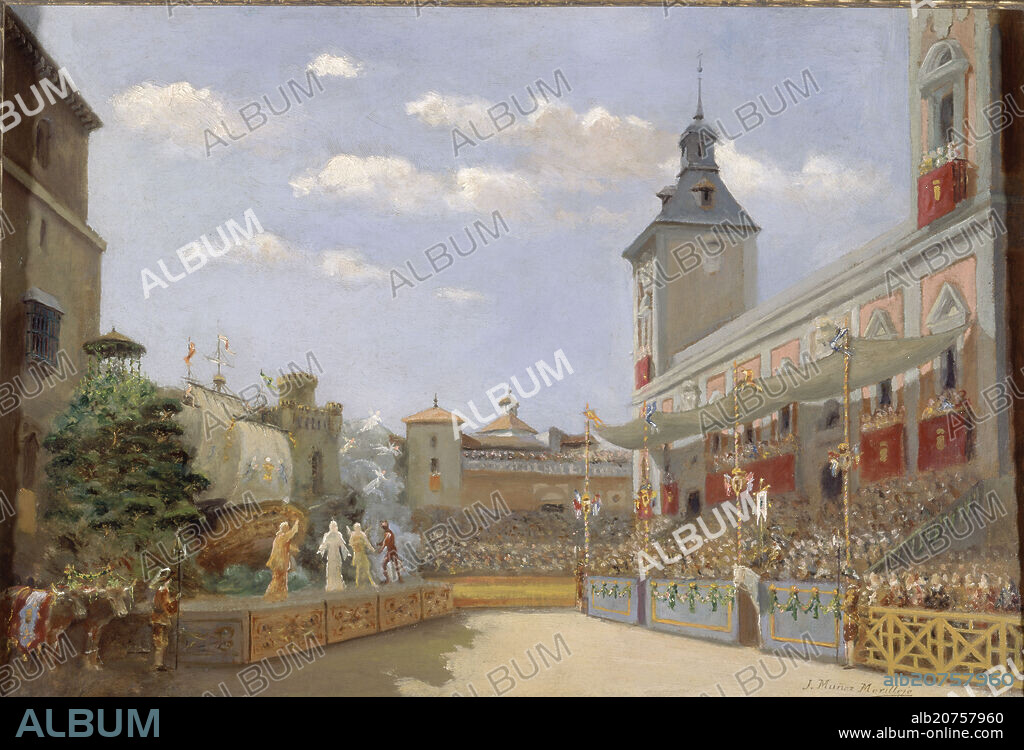 JOAQUÍN MUÑOZ MORILLEJO. REPRESENTACION TEATRAL EN PLAZA DE LA VILLA EN 1681 DE LA DIVINA FILOTEA DE CALDERON - 1918.