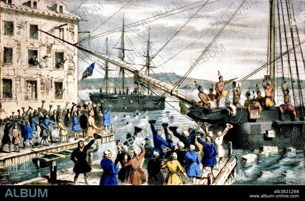 Lithograph by Nathaniel Currier entitled "The Destruction of Tea at Boston Harbor"; the phrase "Boston Tea Party" had not yet become standard. Contrary to Currier's depiction, few of the men dumping the tea were actually disguised as Indians. The Boston Tea Party was a direct action by colonists in Boston, a town in the British colony of Massachusetts, against the British government and the East India Company that controlled all the tea imported into the colonies. On December 16, 1773, after officials in Boston refused to return three shiploads of taxed tea to Britain, a group of colonists boarded the ships and destroyed the tea by throwing it into Boston Harbor. The incident remains an iconic event of American history, and other political protests often refer to it.