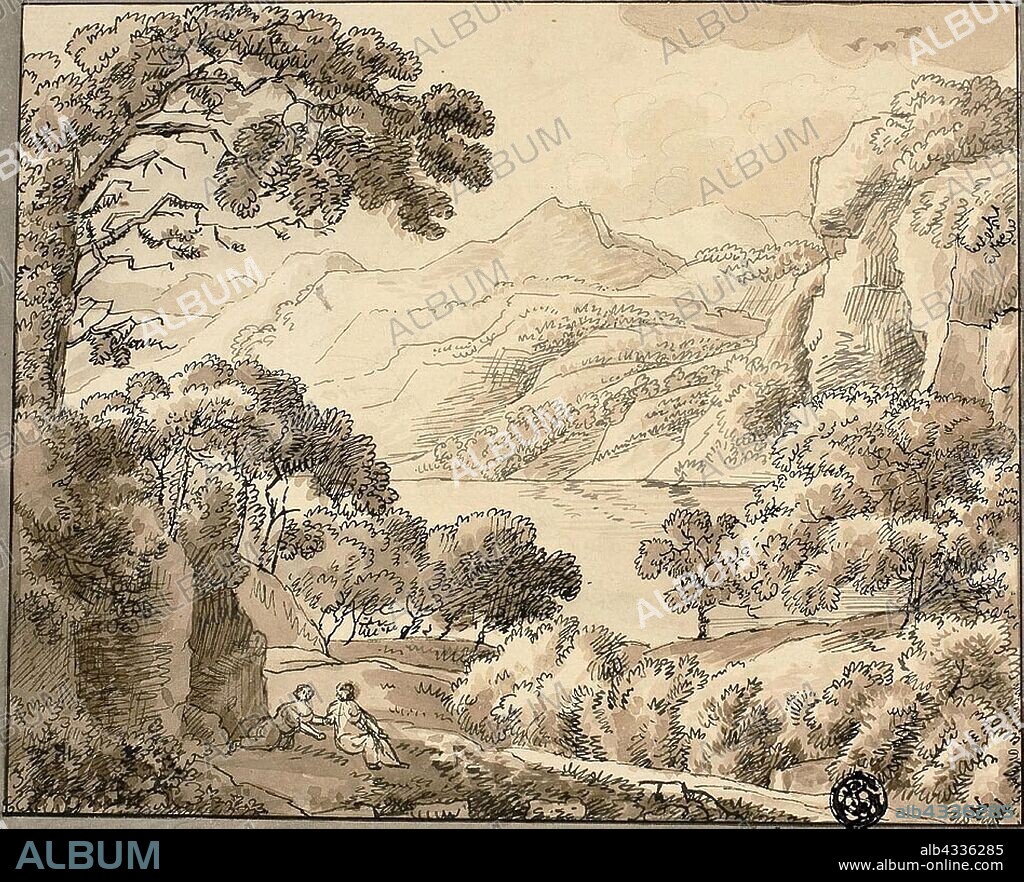 Mountain Lake with Two Figures, n.d., Carl August Lebschée, German, 1800-1877, Germany, Pen and black and gray ink and brush and brown wash, over graphite, on cream laid paper, 193 x 231 mm.