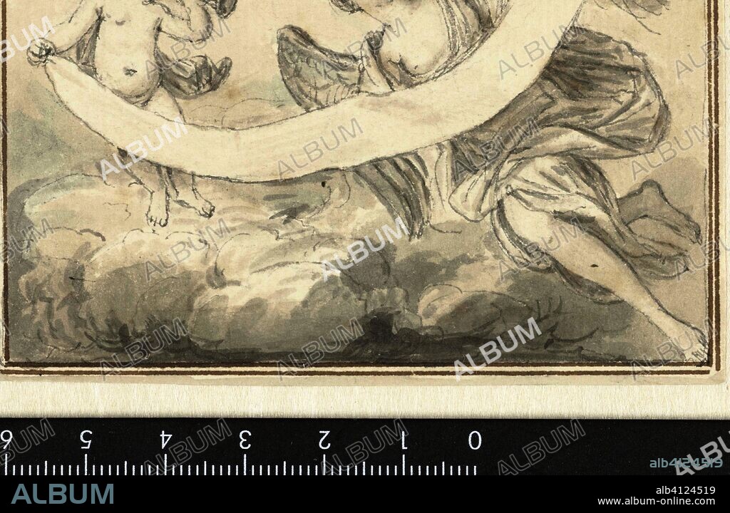 Design for vignette with floating Fame and angel with banderole. Draughtsman: Louis Fabritius Dubourg. Dating: c. 1703 - c. 1775. Measurements: h 61 mm × w 93 mm.