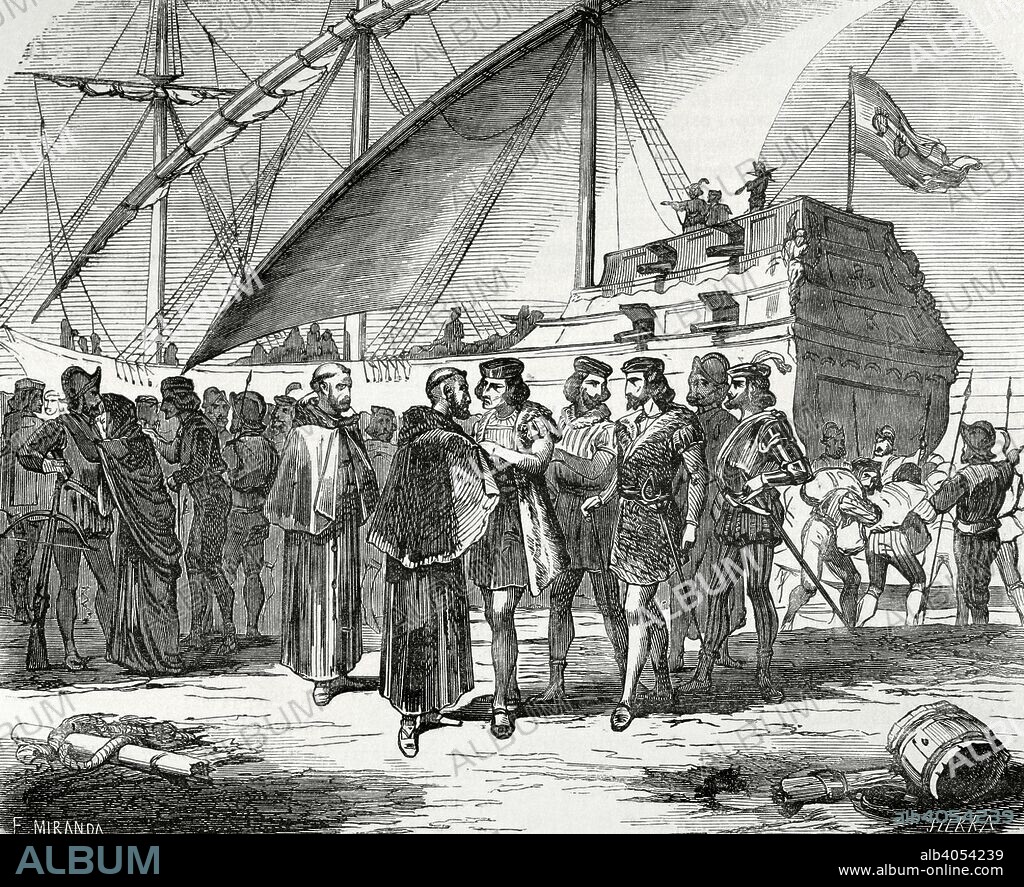 Christopher Columbus (1451-1506). Navigator and colonist of the Americas. Embarkation of Columbus from the Port of Palos de la Frontera, August 3, 1492. Drawing by Fernando Miranda. Engraving by Sierra. Cronica General de Espa–a, Historia Ilustrada y Descriptiva de sus Provincias. Andalucia, 1867.