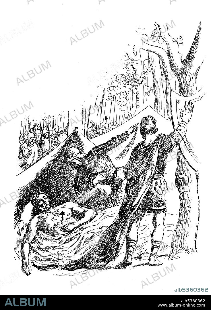 Leyenda de la creación del símbolo de las cuatro barras del escudo de Catalunya, dibujado por el emperador Carlos II de Francia (823-877) el Calvo con la sangre de Guifré el Pilós. Grabado de 1938.