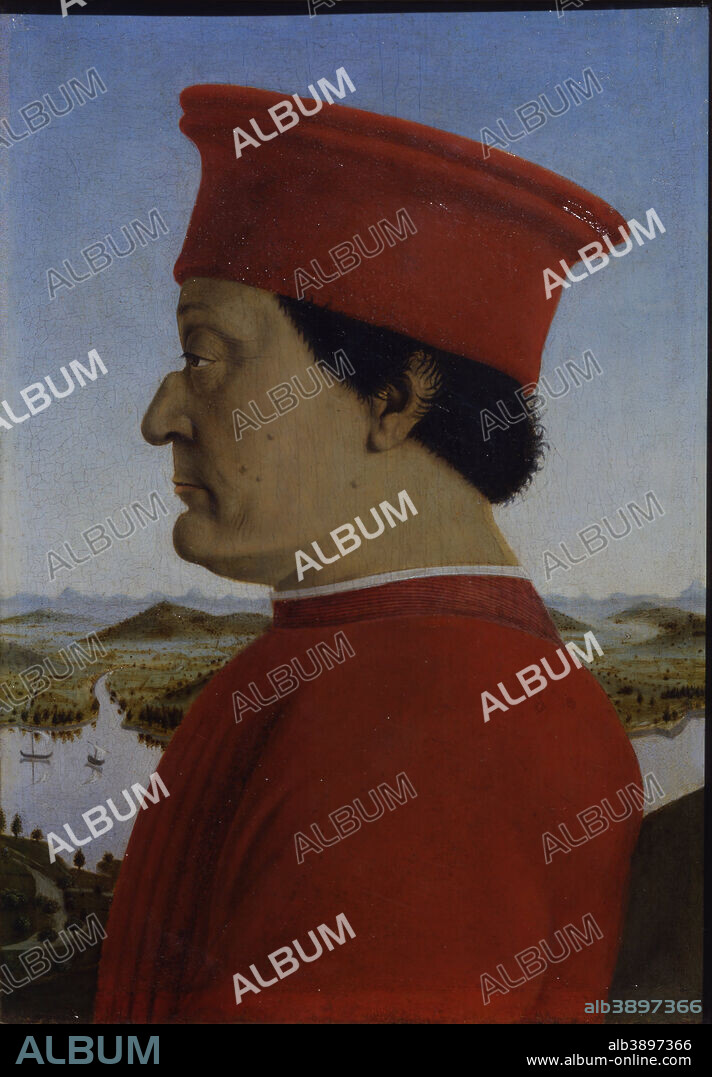 PIERO DELLA FRANCESCA. Ritratti dei Duchi di Urbino Federico da Montefeltro e Battista Sforza / Portraits of the Duke and Duchess of Urbino, Federico da Montefeltro and Battista Sforza. Date/Period: From 1467 until 1472. Painting / diptych. Tempera on panel. Height: 47 cm (18.5 in); Width: 33 cm (12.9 in).