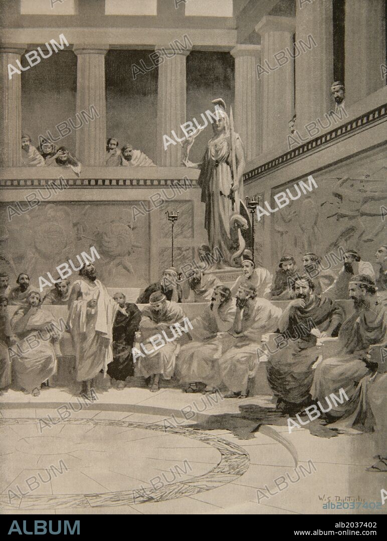 WILLIAM SPENCER BAGDATOPOULOS. Cleón de Atenas (m. 422 a. C.). Político ateniense durante la guerra del Peloponeso. Hijo de Cleéneto, del cual heredó una lucrativa curtiduría. Fue el primer representante prominente de la clase comercial en la política ateniense. "El debate sobre la cuestión de la revuelta de Mitilena, año 427 a. C. ". Grabado. "Historia de las Naciones".