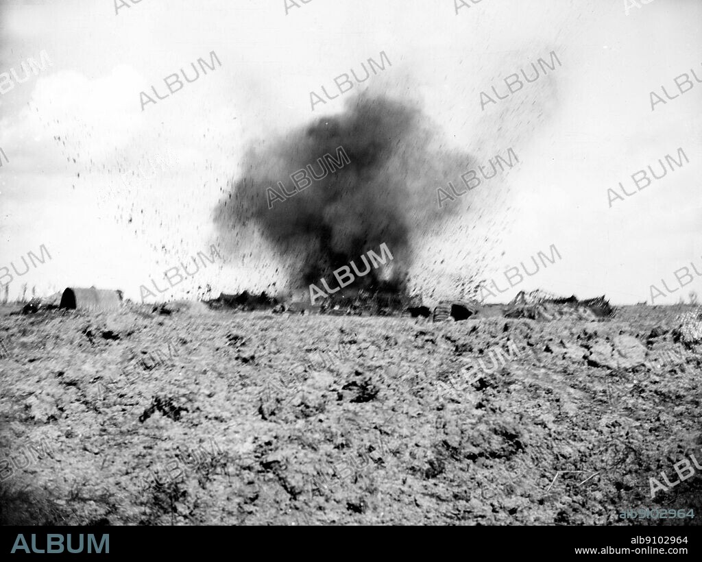 WW1/France: Shell bursting near forward battery, Pilekem Ridge. 16th August 1917.
