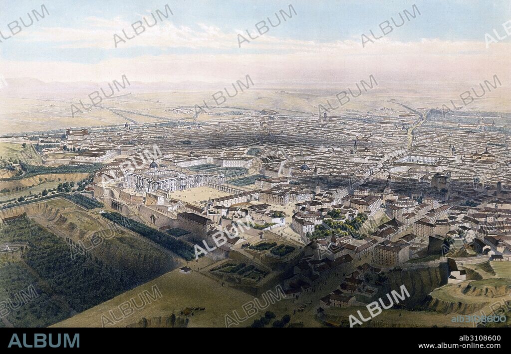 ALFRED GUESDON. Madrid, vista aérea desde el puente de Segovia (1854).