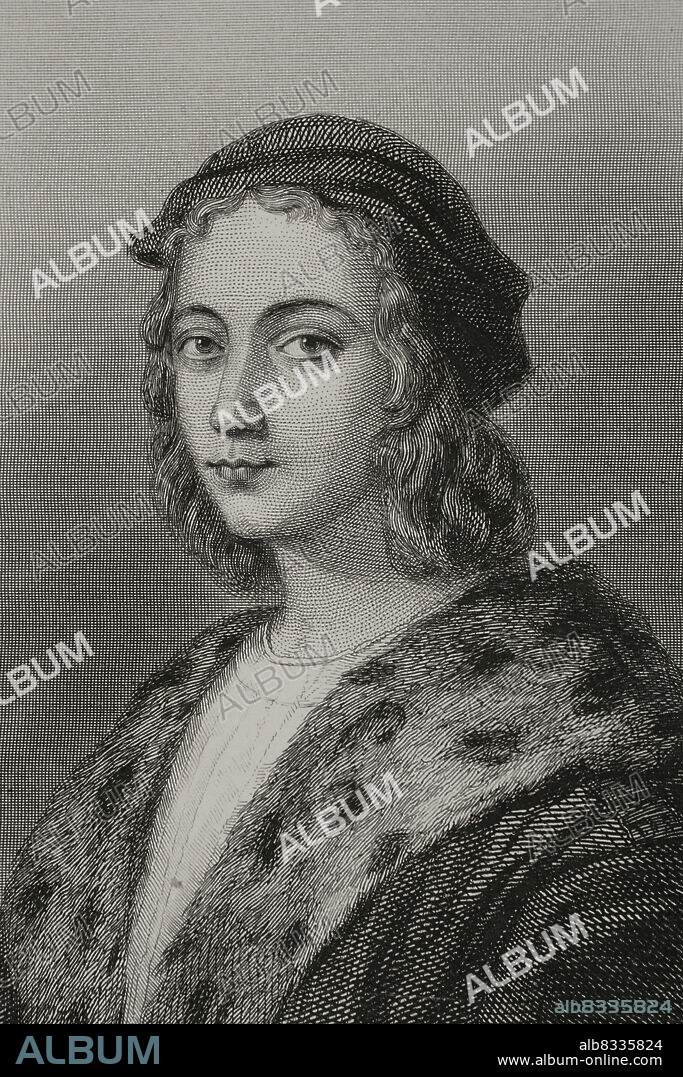 CHARLES GEOFFROY (1819-1882). FRENCH ENGRAVER.. Raphael (1483-1520). Italian Renaissance artist. Portrait. Engraving by Geoffroy. "Historia Universal", by César Cantú. Volume V. 1856.